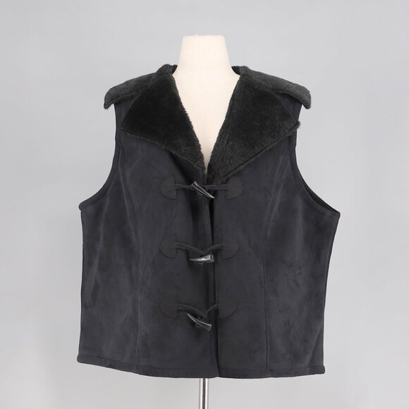 CHAPS DENIM Women's Suede Faux Fur Lining Vest Toggle Button Black Size 3X - Picture 1 of 6